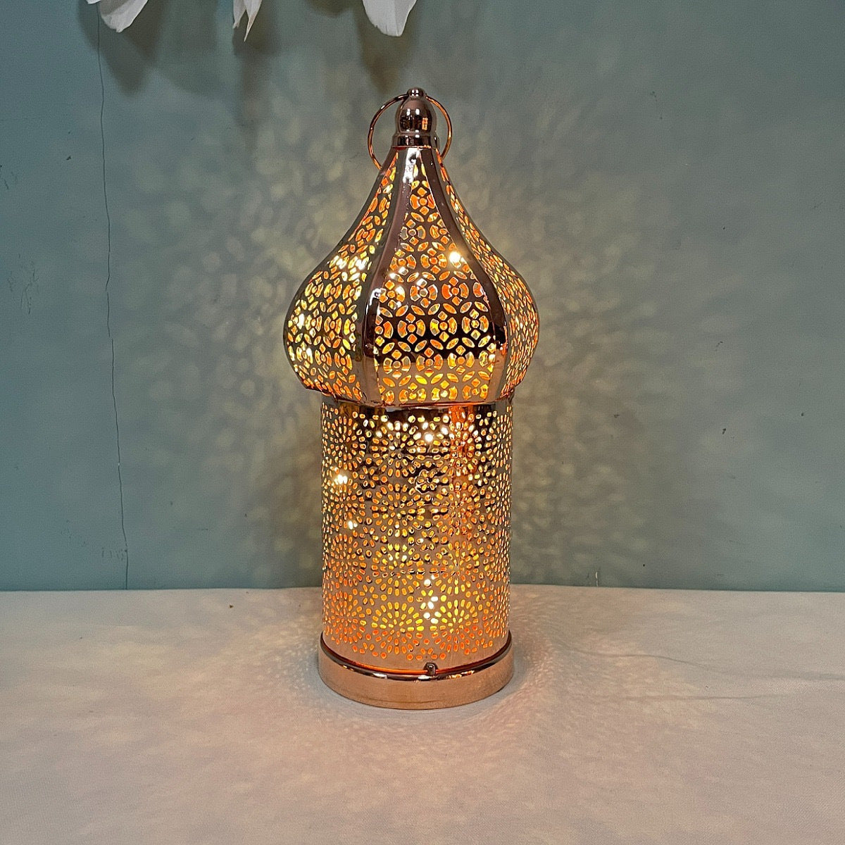 Moroccan Rose LED Lantern - Decorative Metal Uplight Lamp, Battery Operated, Warm Amber Glow for Home, Bedroom, Living Room, Ideal for Parties & Holidays FJORD