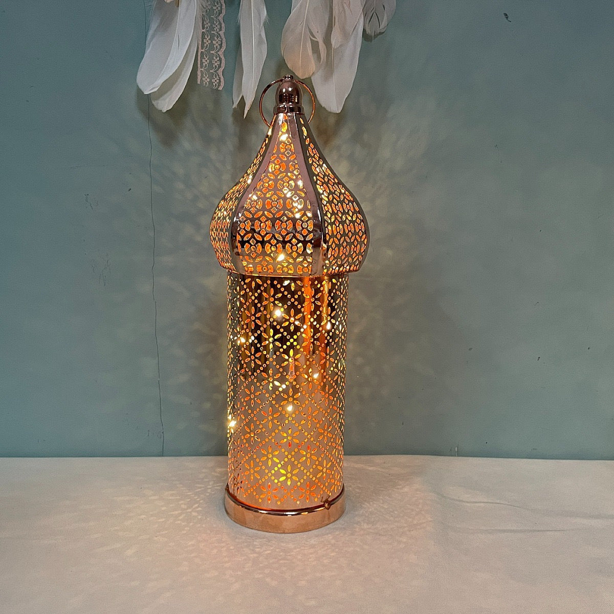 Moroccan Rose Golden LED Lantern - Battery-Powered, Hollow Design for Dreamy Ambiance in Living Room & Bedroom Decor FJORD