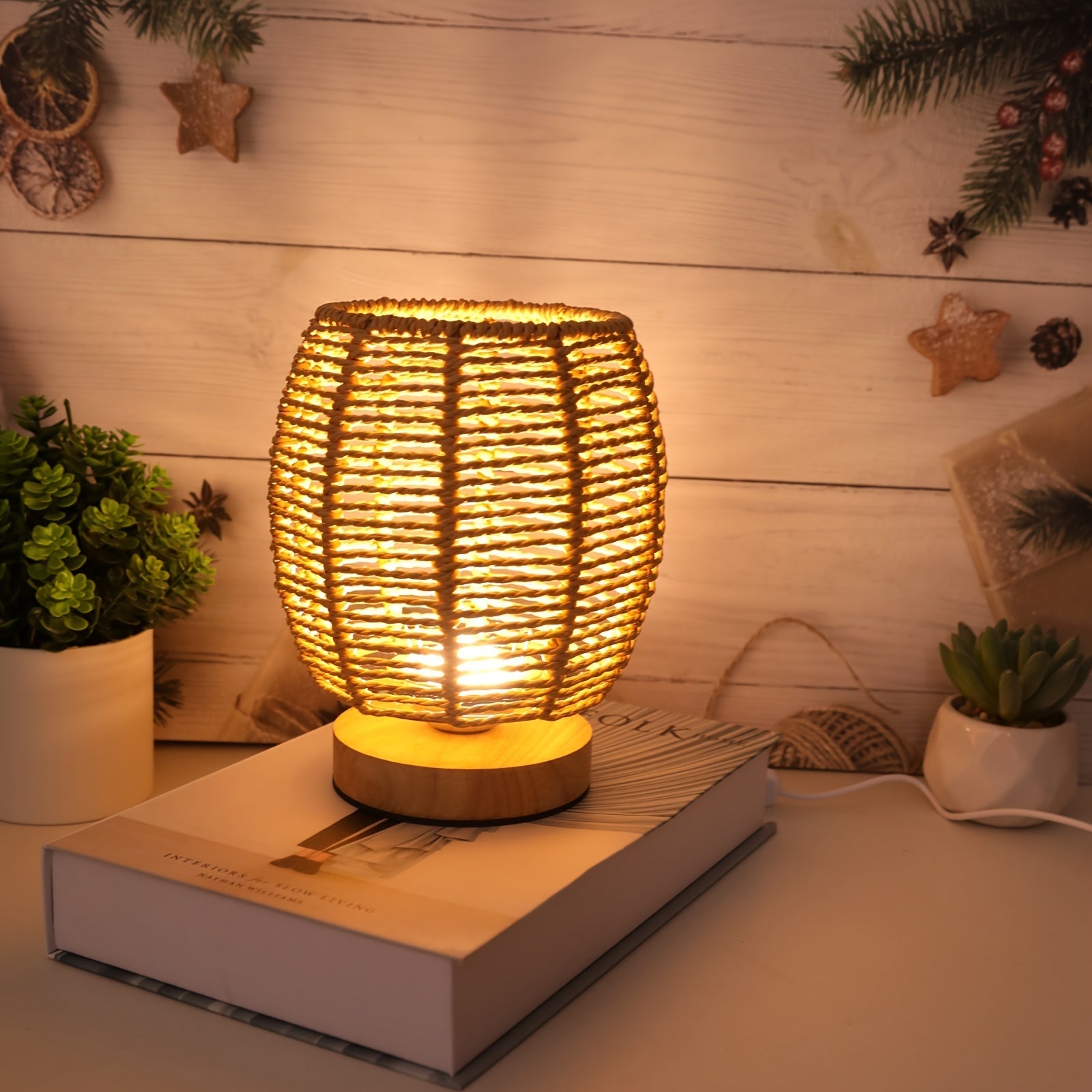 Traditional Woven Rattan-Style Table Lamp | USB Powered Wooden Base with Hollow-Out Linen Shade | Energy-Efficient Uplight for Bedroom, Living Room, Study & Dining Room FJORD