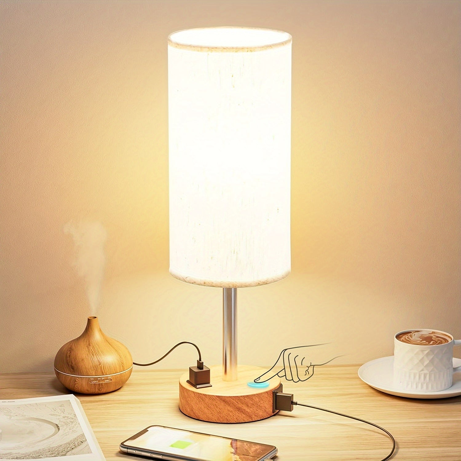 Bedside Table Lamp for Bedroom Nightstand - 3 Way Dimmable Touch Small Lamp USB C Charging Ports and AC Outlet, Wood Base Round Flaxen Fabric Shade for Living Room, Office Desk, LED Bulb Included FJORD