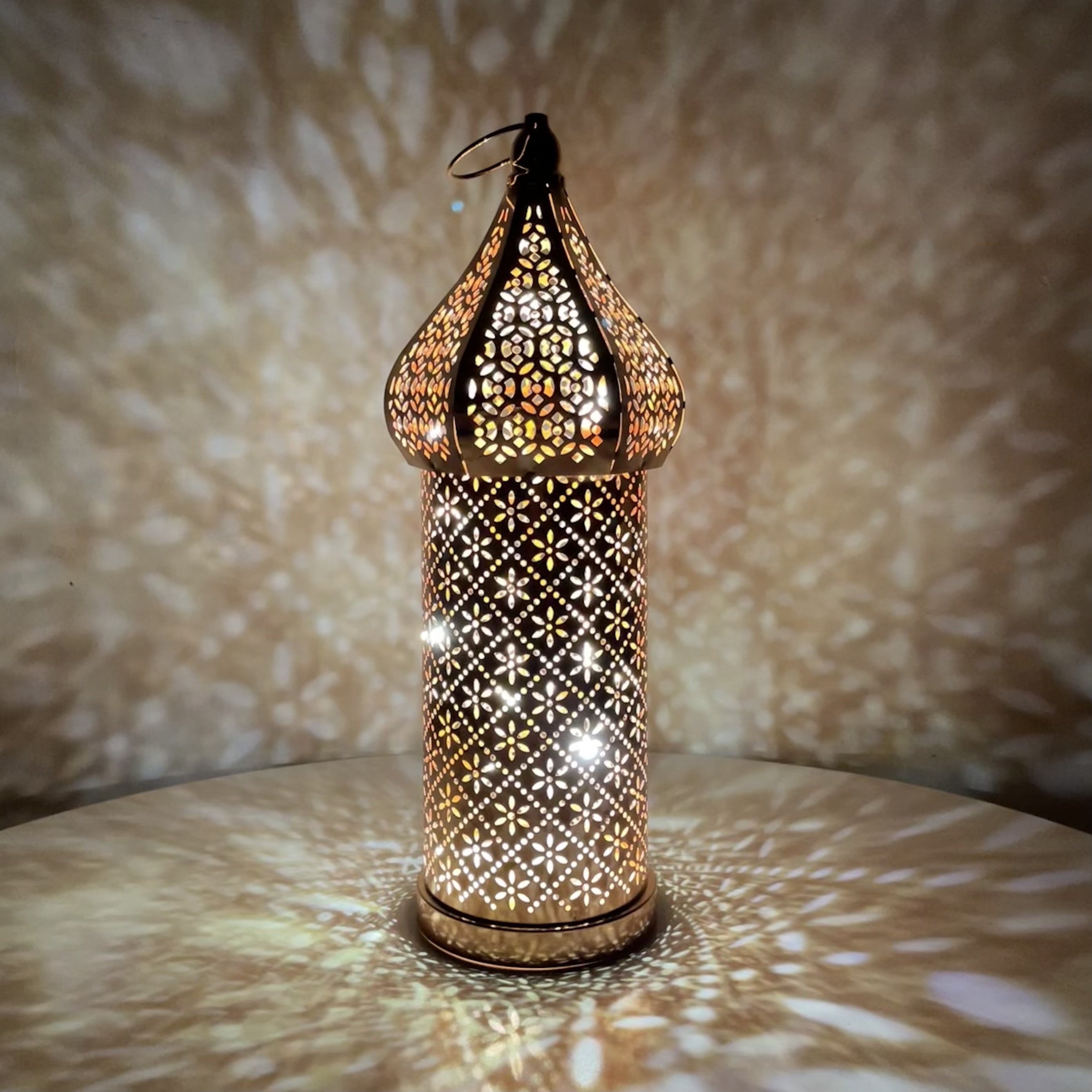 Moroccan Rose Golden LED Lantern - Battery-Powered, Hollow Design for Dreamy Ambiance in Living Room & Bedroom Decor FJORD