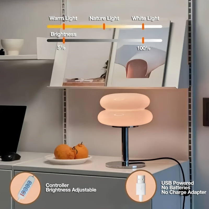 Modern Dimmable Glass Table Lamp, USB Powered, Mid Century Retro Egg Tart Design - Ideal for Bedroom, Living Room, Desk, Nightstand - Aesthetic Home Decor & Ambient Lighting FJORD