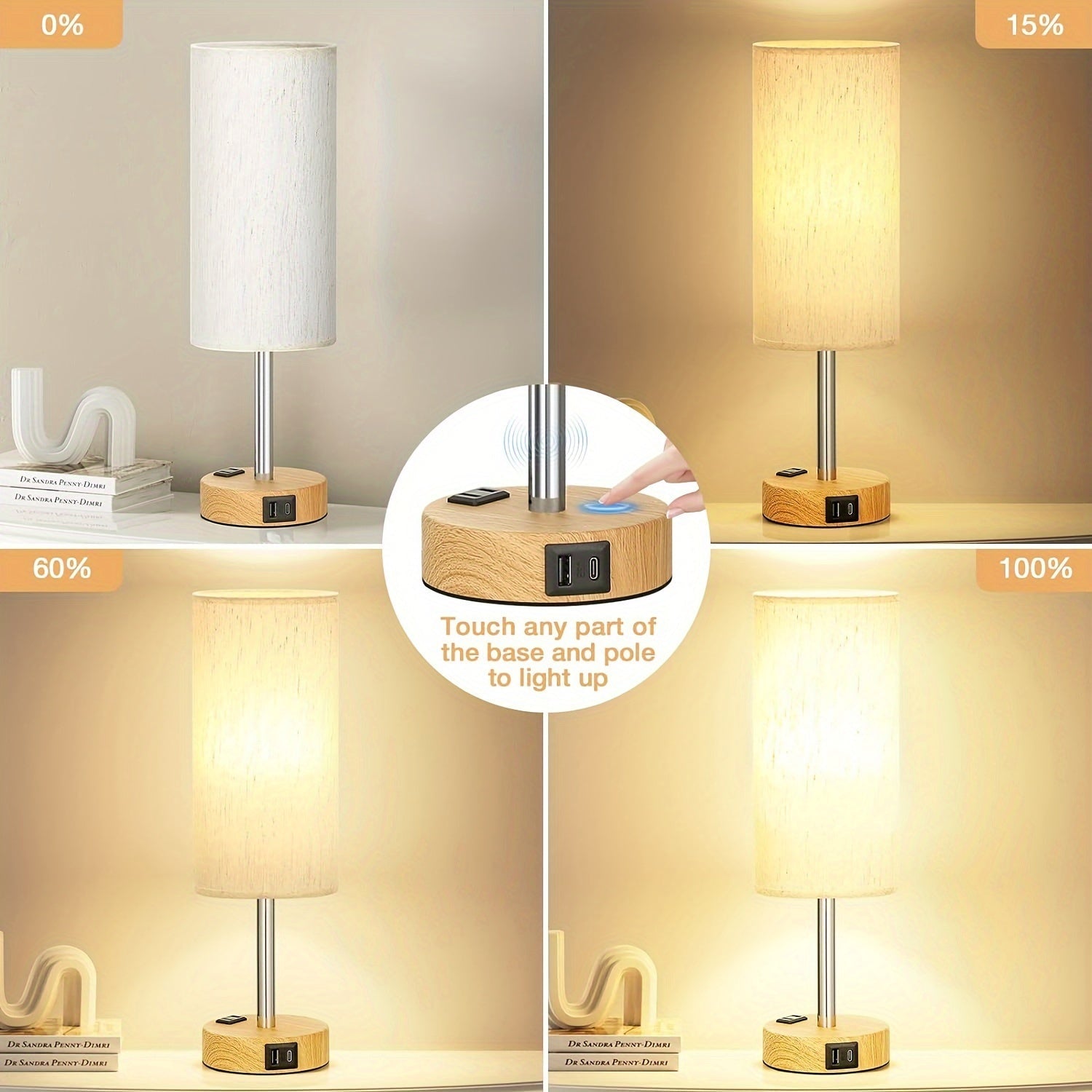 Bedside Table Lamp for Bedroom Nightstand - 3 Way Dimmable Touch Small Lamp USB C Charging Ports and AC Outlet, Wood Base Round Flaxen Fabric Shade for Living Room, Office Desk, LED Bulb Included FJORD