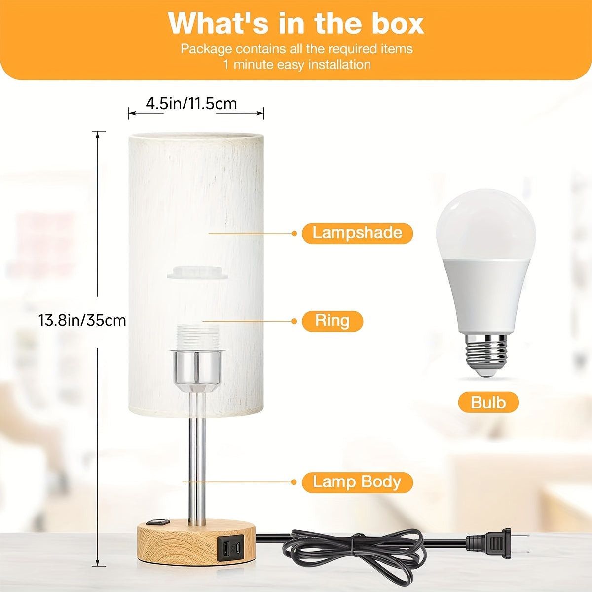 Bedside Table Lamp for Bedroom Nightstand - 3 Way Dimmable Touch Small Lamp USB C Charging Ports and AC Outlet, Wood Base Round Flaxen Fabric Shade for Living Room, Office Desk, LED Bulb Included FJORD