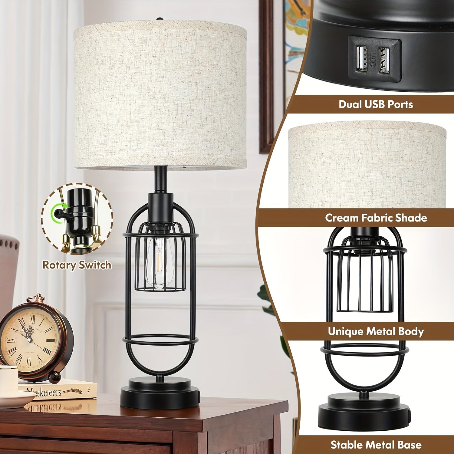 Set of 2 Farmhouse Table Lamps with USB Ports, 29" Tall Nightstand Desk Lamps, Cream Fabric Shade, Industrial E26 Base, Rotary Switch for Bedroom Living Room FJORD