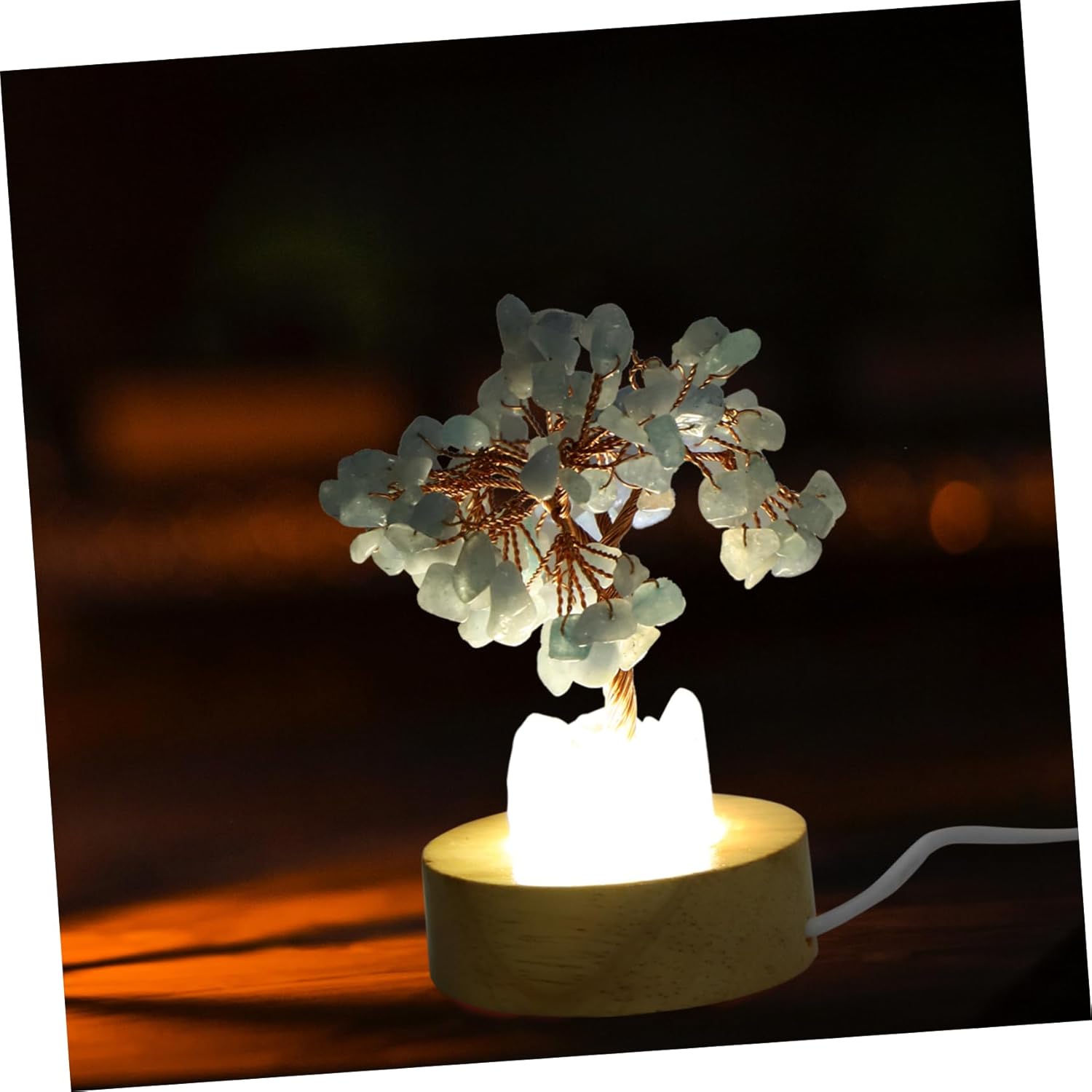Crystal Tree Night Light – Feng Shui Prosperity Lamp with USB Port, Natural Gemstone Base, Clear Quartz Chakra Tree, Bedroom & Desk Decor FJORD
