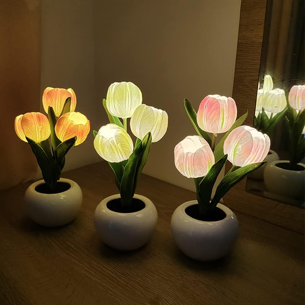 LED Tulip Night Light with Vase – Realistic Flower Table Lamp for Bedroom, Living Room & Office – USB Powered, Romantic Home Decor, Ideal Gift for Weddings & Birthdays FJORD