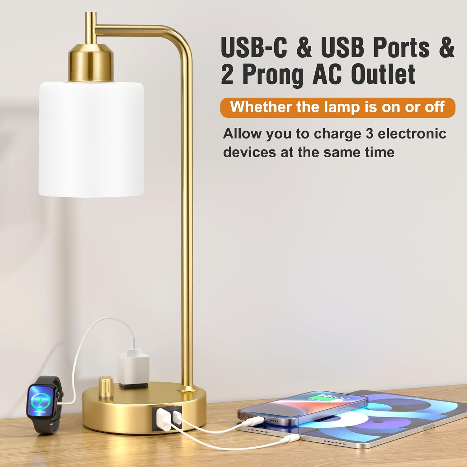 Set of 2 Industrial Table Lamps - Fully Dimmable with USB A & C Ports, AC Outlet, Glass Shade, LED Bulbs Included - Modern Nightstand Desk Lamps for Bedroom, Living Room & Office FJORD