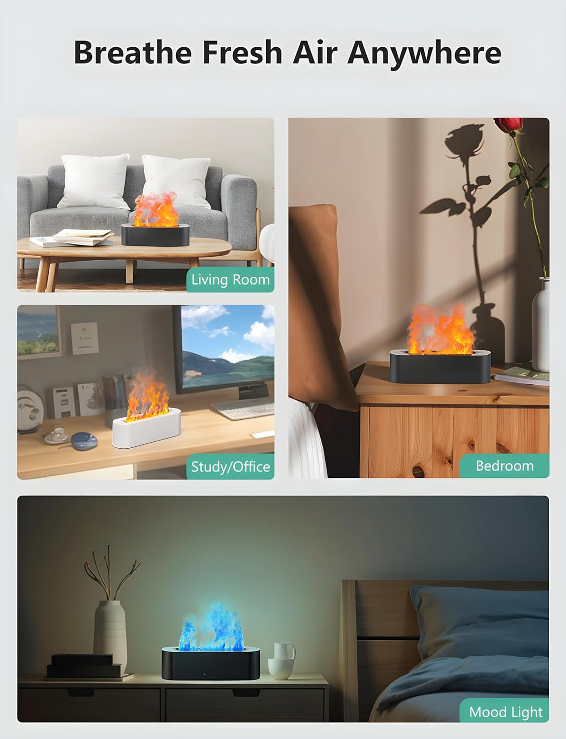 USB Aromatherapy Flame Humidifier - 7 Color LED, Quiet Essential Oil Diffuser for Bedroom & Office, Auto-Off, Adjustable Mist, 180mL Capacity FJORD