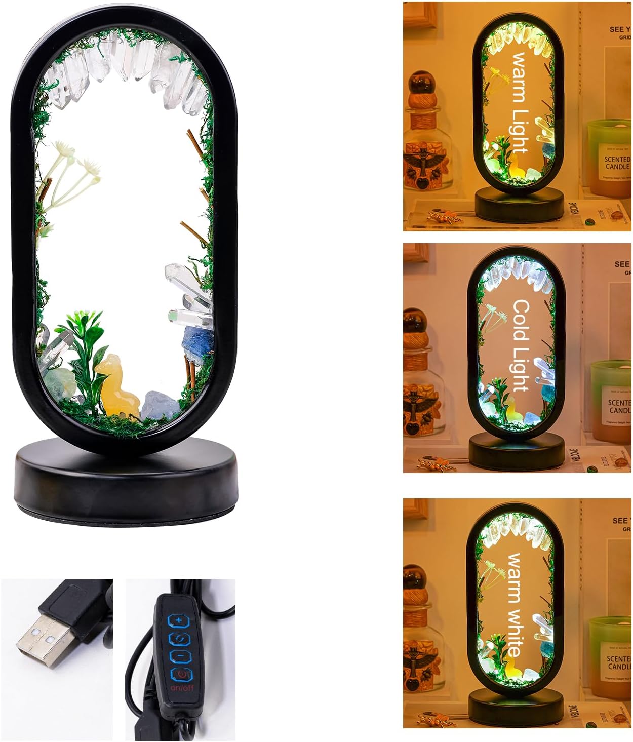 Amethyst Crystal Table Lamp - Natural Healing Night Light with USB Port & 3 Color Modes - Perfect for Bedroom, Office & Home Decor - Relaxation Gift FJORD