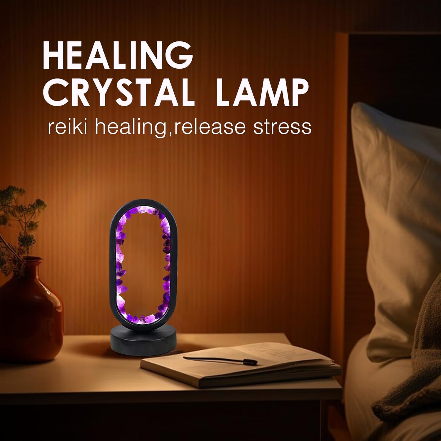 Amethyst Crystal Table Lamp - Natural Healing Night Light with USB Port & 3 Color Modes - Perfect for Bedroom, Office & Home Decor - Relaxation Gift FJORD