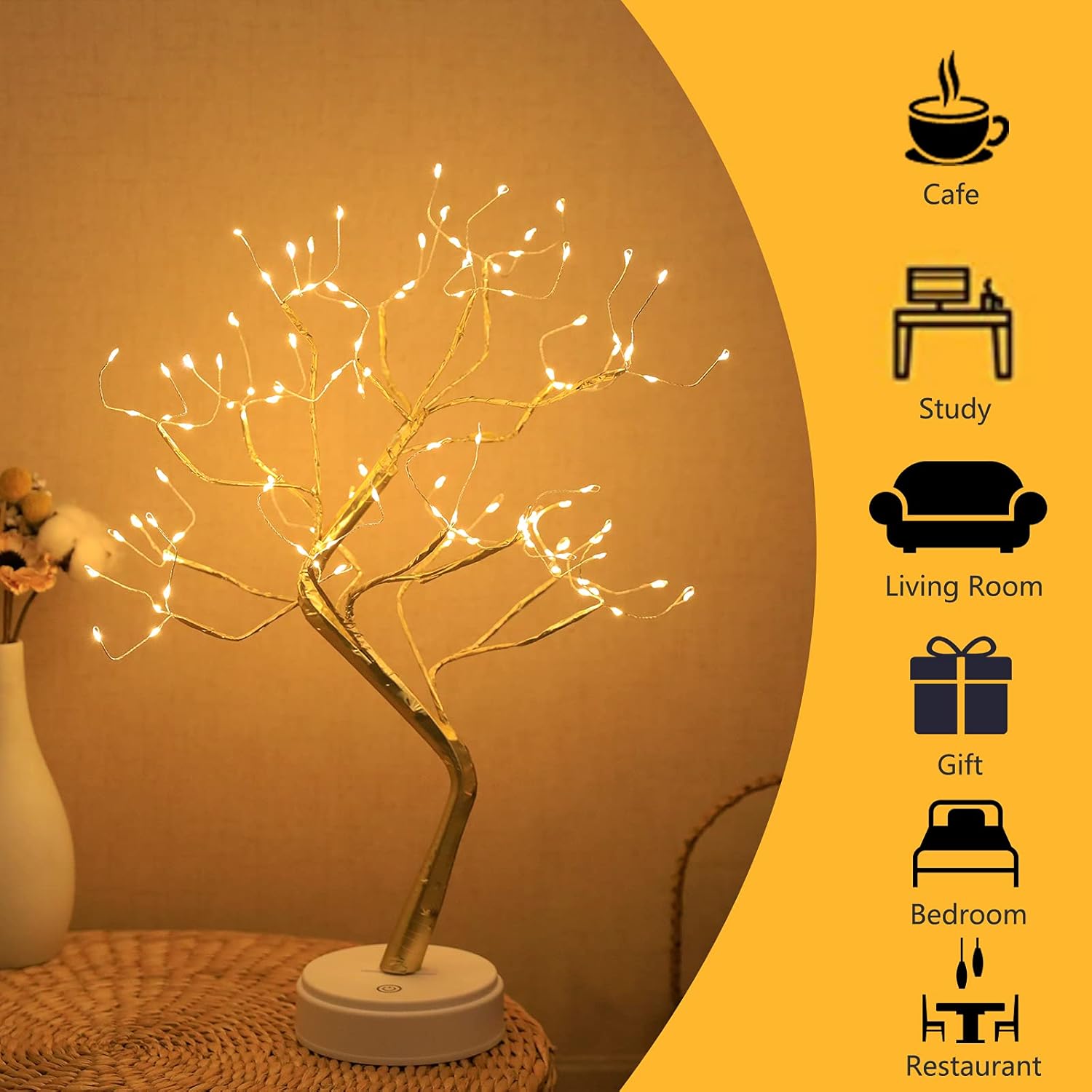 Golden Leaf LED Bonsai Tree Light - Warm White, Battery/USB Powered, DIY Adjustable Branches for Room & Holiday Decor, Christmas, New Year, Bedroom & Gift FJORD