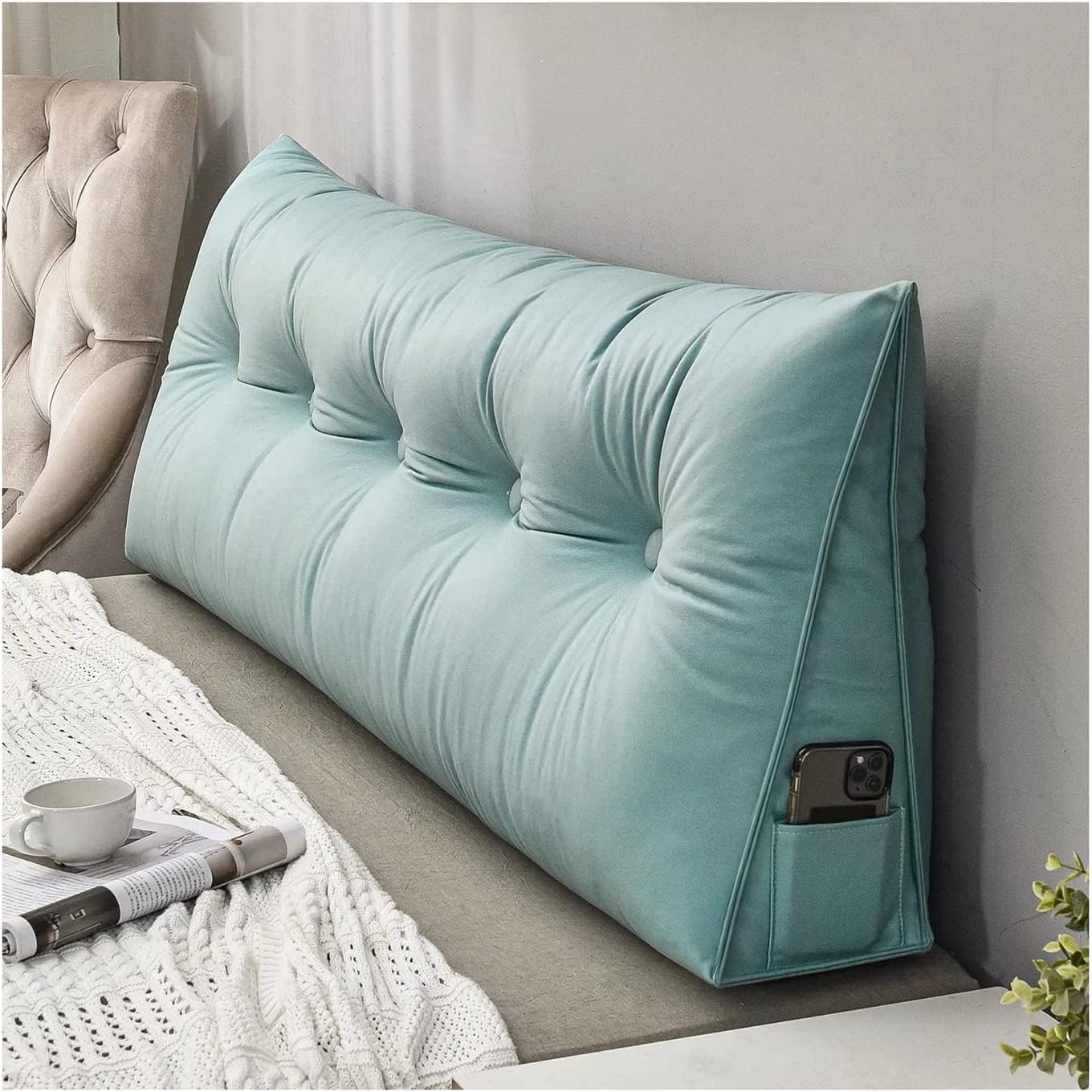Breathable Triangular Wedge Pillow with Side Pockets - Ergonomic Backrest & Headboard Cushion for Sofa, Bed, or Reading FJORD