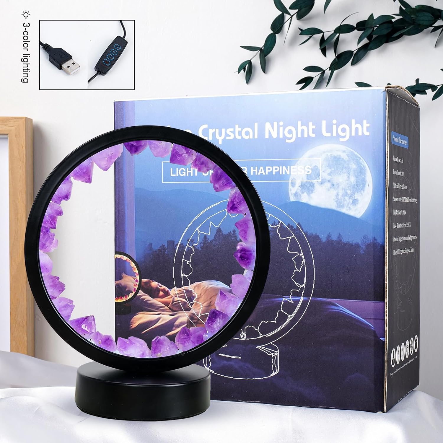 Amethyst Crystal Table Lamp - Natural Healing Night Light with USB Port & 3 Color Modes - Perfect for Bedroom, Office & Home Decor - Relaxation Gift FJORD