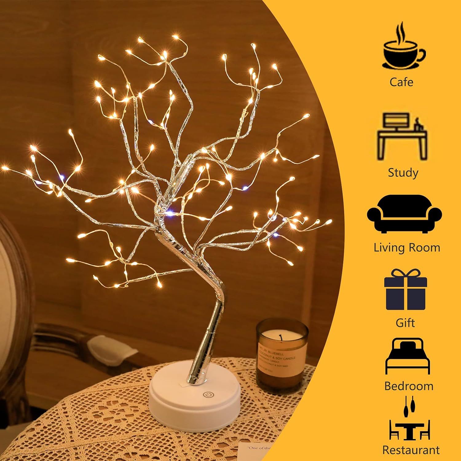 Golden Leaf LED Bonsai Tree Light - Warm White, Battery/USB Powered, DIY Adjustable Branches for Room & Holiday Decor, Christmas, New Year, Bedroom & Gift FJORD