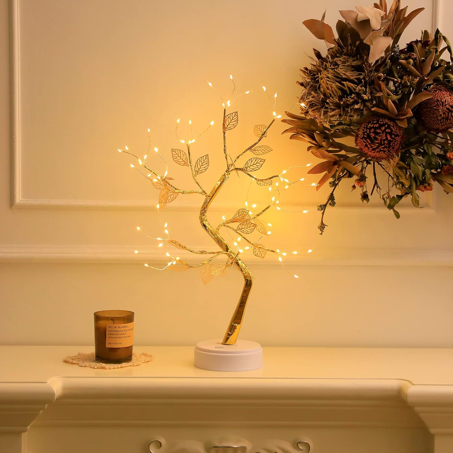 Golden Leaf LED Bonsai Tree Light - Warm White, Battery/USB Powered, DIY Adjustable Branches for Room & Holiday Decor, Christmas, New Year, Bedroom & Gift FJORD