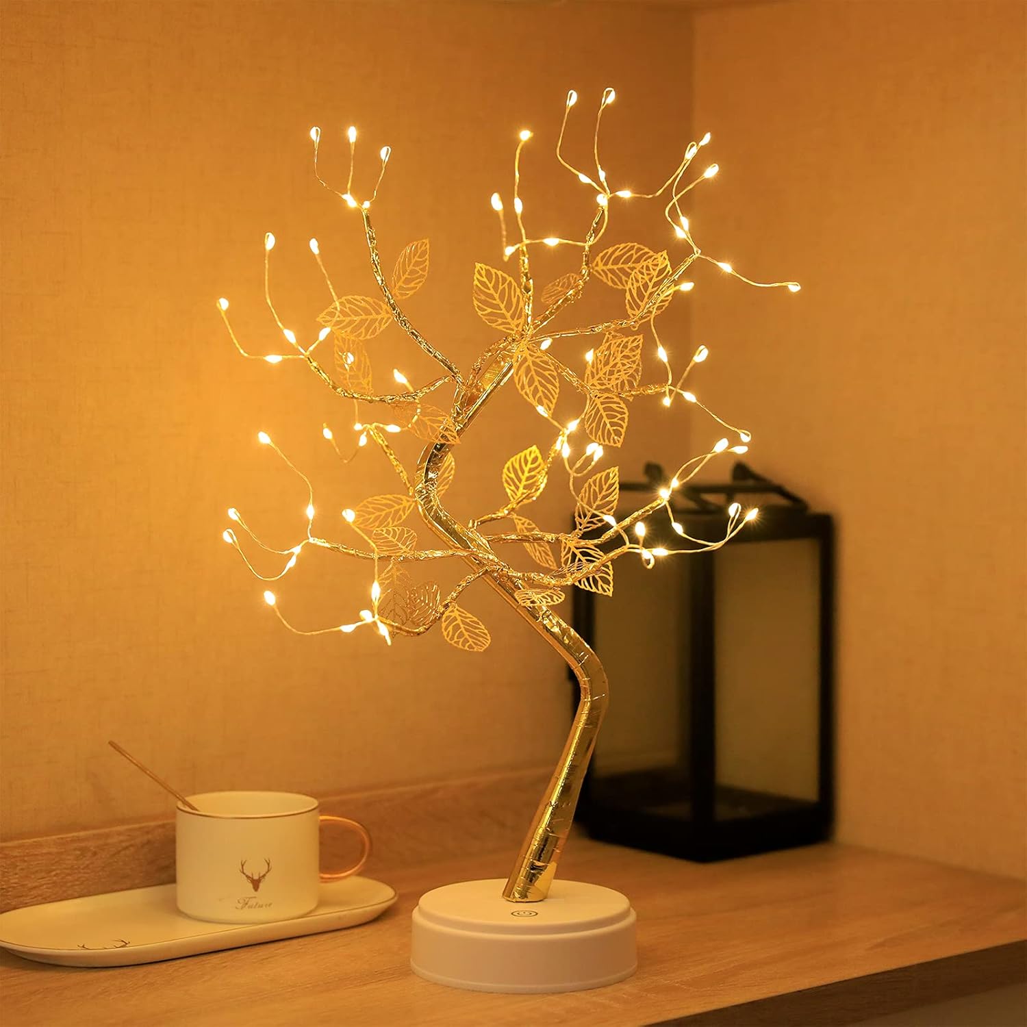 Golden Leaf LED Bonsai Tree Light - Warm White, Battery/USB Powered, DIY Adjustable Branches for Room & Holiday Decor, Christmas, New Year, Bedroom & Gift FJORD