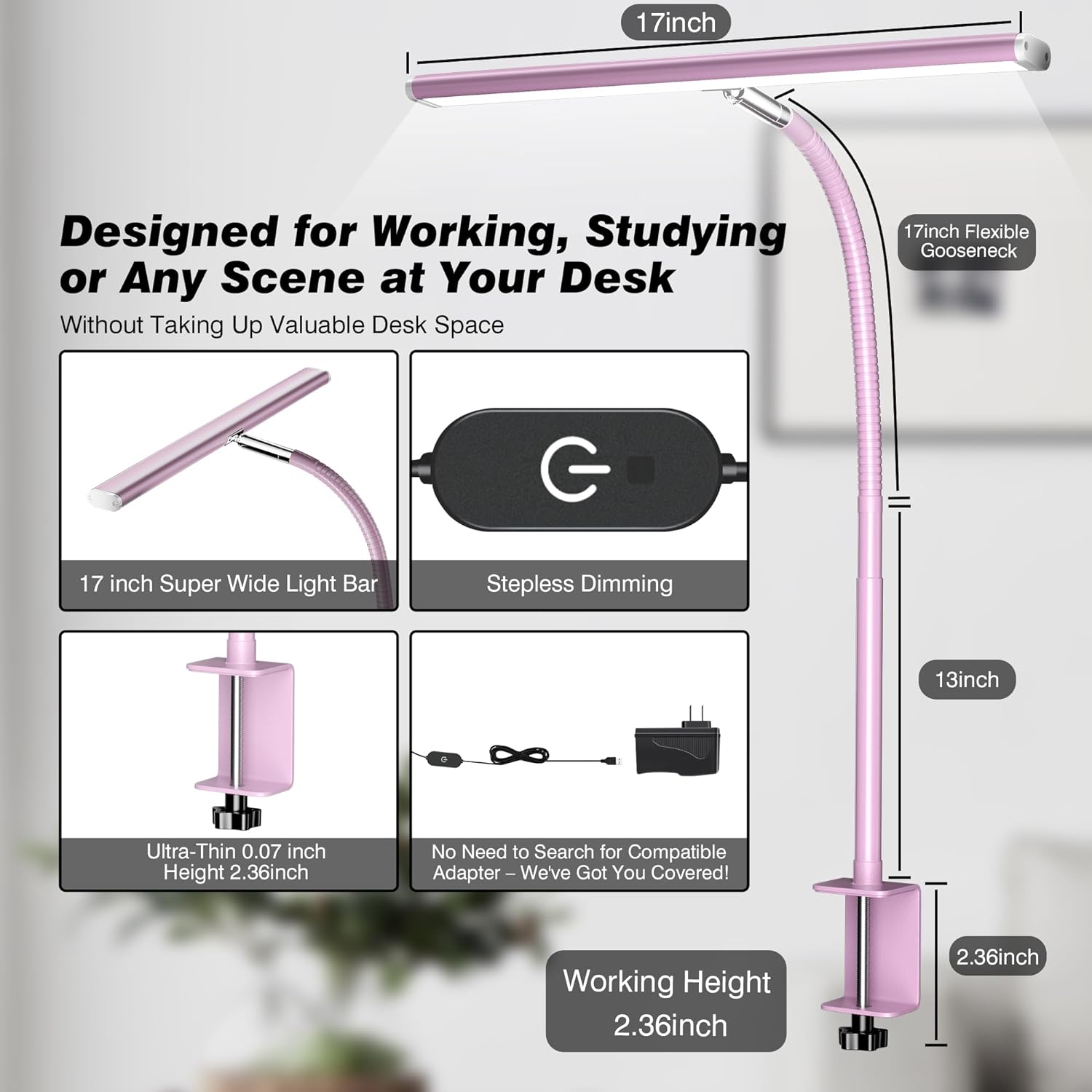 LED Desk Lamp with Clamp, 3 Color Modes & Stepless Dimming, Adjustable Flexible Gooseneck, Eye-Caring USB Lamp for Reading, Study, Work, Home Office FJORD