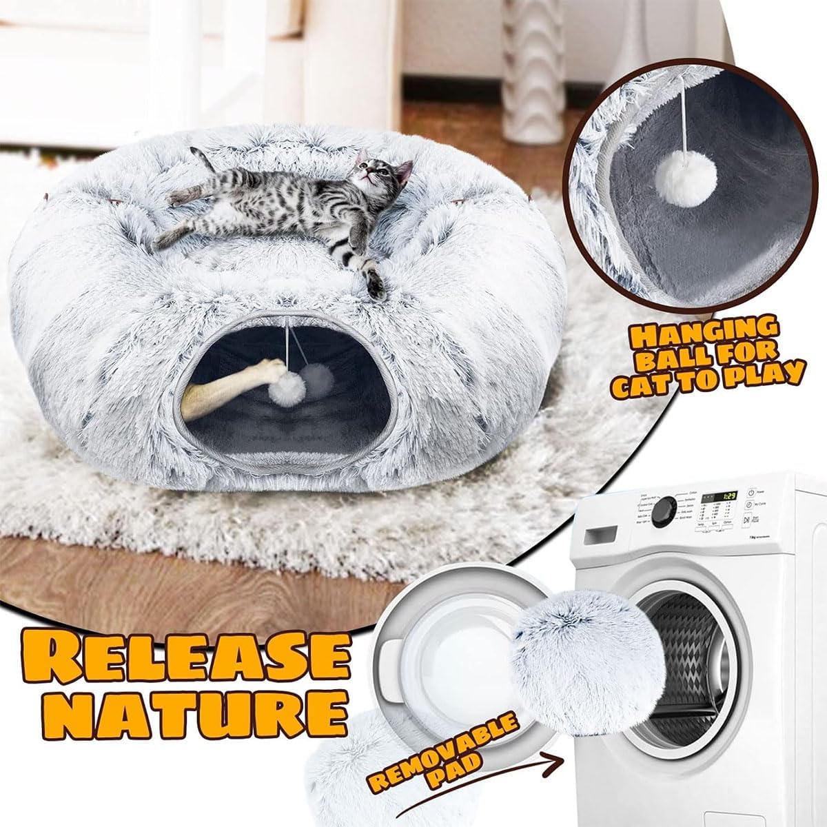 Plush Cat Tunnel Bed – Cozy Hideaway & Play Space for Pets FJORD