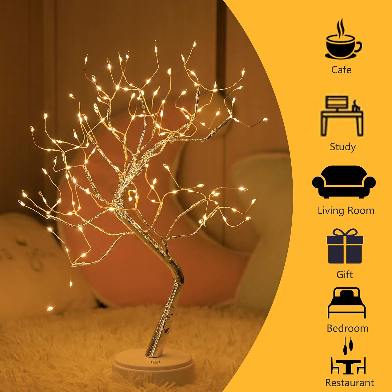 Golden Leaf LED Bonsai Tree Light - Warm White, Battery/USB Powered, DIY Adjustable Branches for Room & Holiday Decor, Christmas, New Year, Bedroom & Gift FJORD
