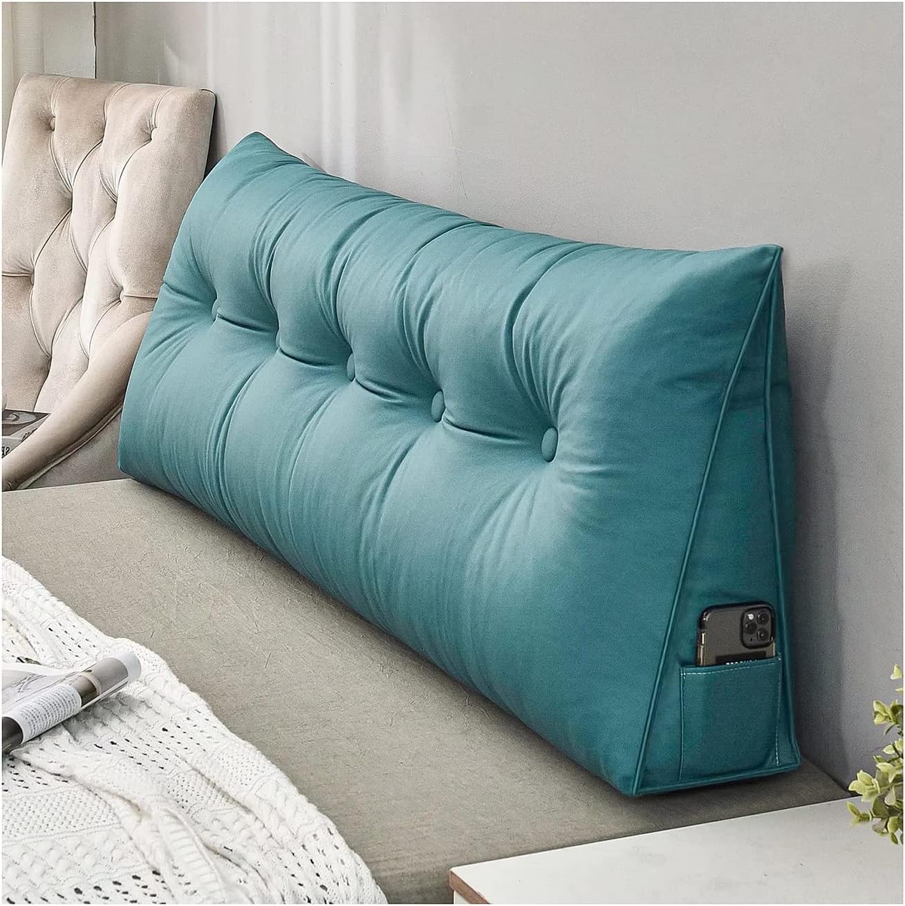 Breathable Triangular Wedge Pillow with Side Pockets - Ergonomic Backrest & Headboard Cushion for Sofa, Bed, or Reading FJORD