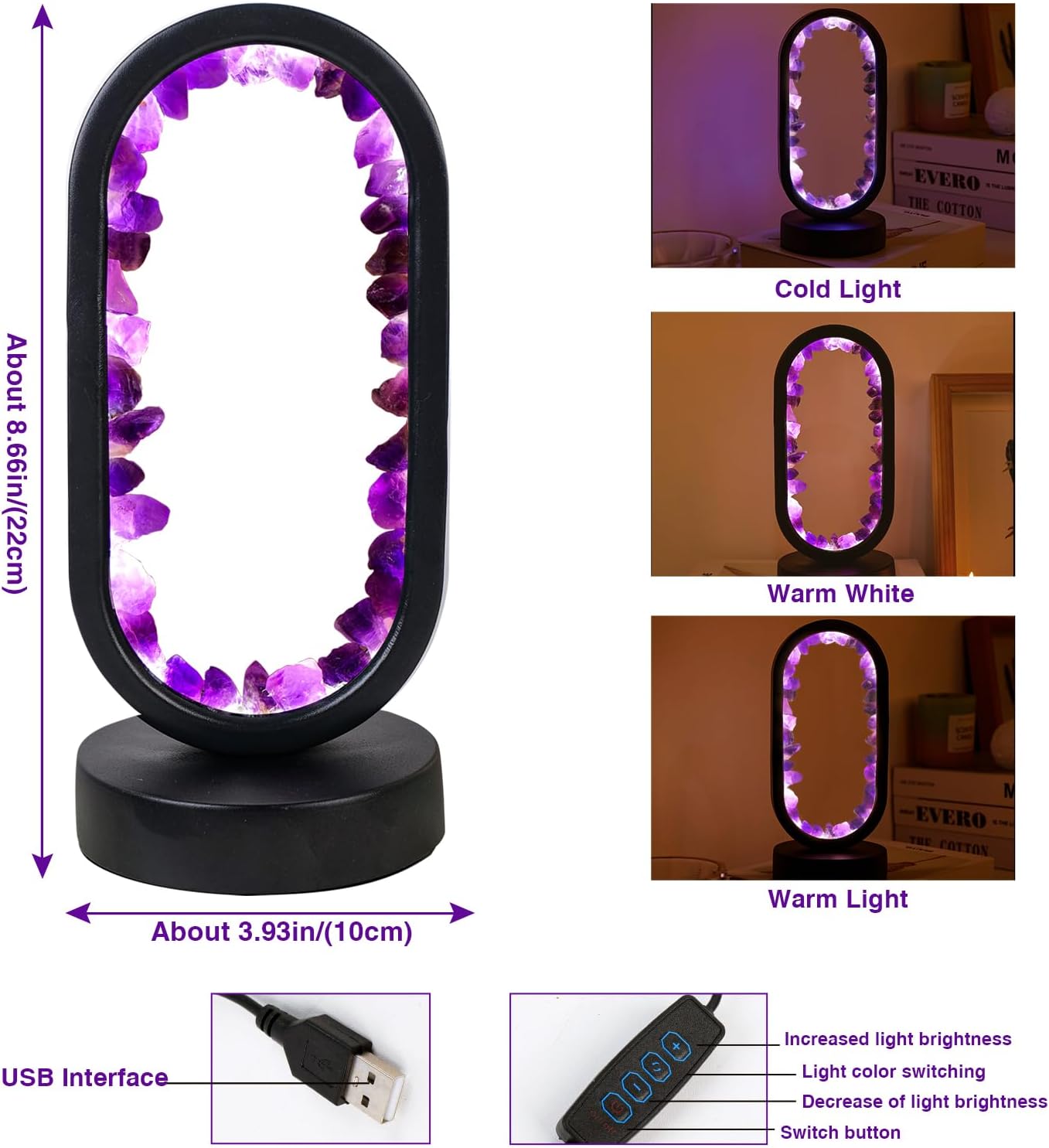 Amethyst Crystal Table Lamp - Natural Healing Night Light with USB Port & 3 Color Modes - Perfect for Bedroom, Office & Home Decor - Relaxation Gift FJORD