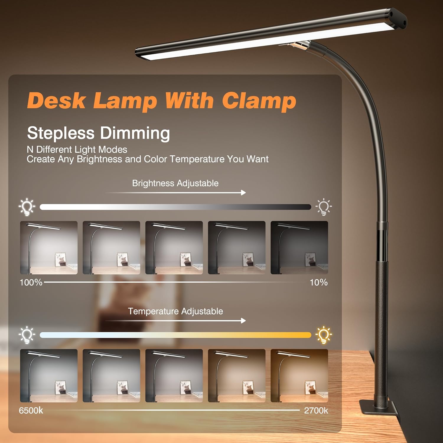 LED Desk Lamp with Clamp, 3 Color Modes & Stepless Dimming, Adjustable Flexible Gooseneck, Eye-Caring USB Lamp for Reading, Study, Work, Home Office FJORD