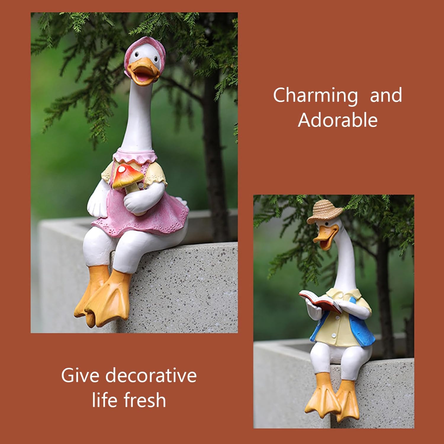 Sitting Duck Garden Ornaments – Cute Resin Couple Statue, Weatherproof Decor FJORD