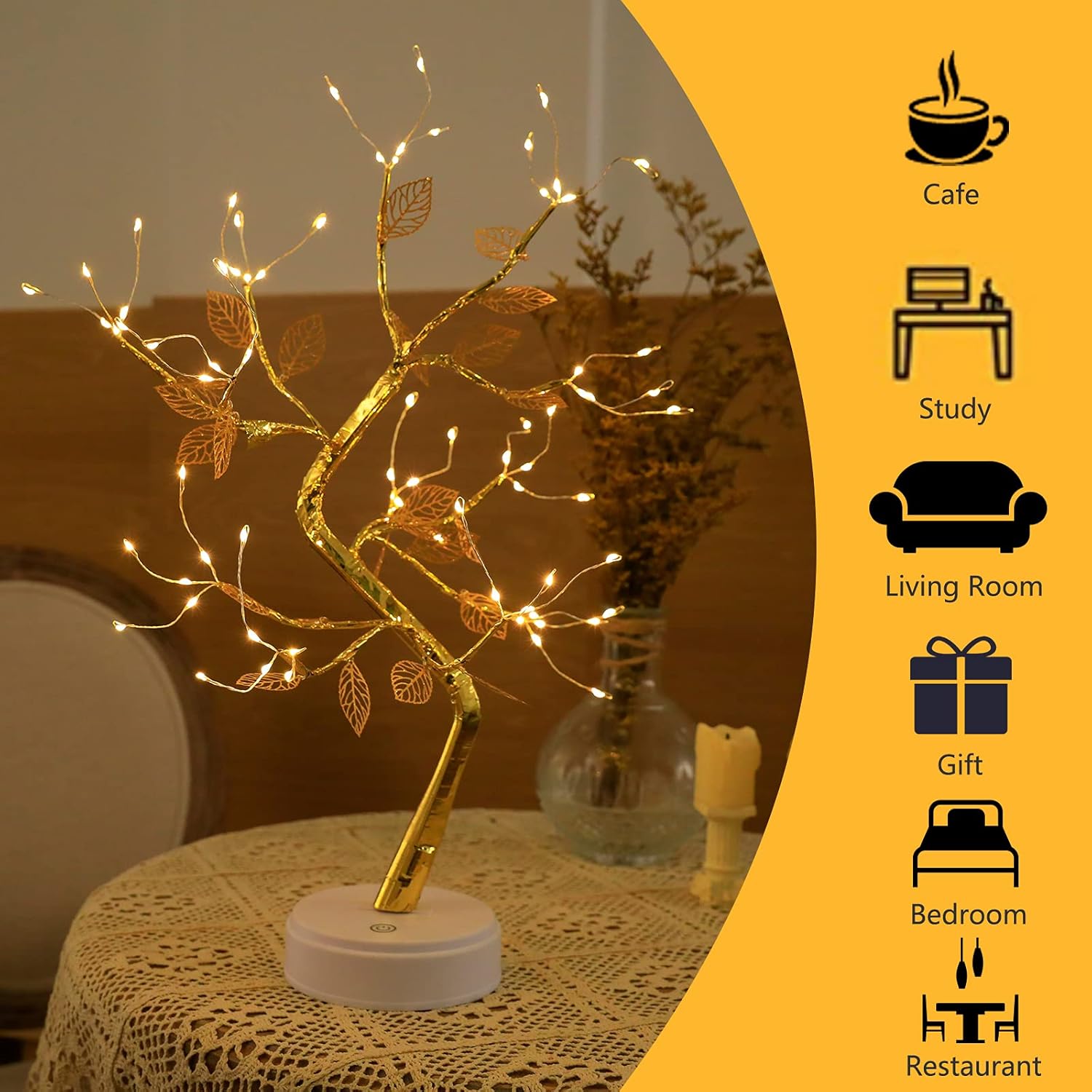 Golden Leaf LED Bonsai Tree Light - Warm White, Battery/USB Powered, DIY Adjustable Branches for Room & Holiday Decor, Christmas, New Year, Bedroom & Gift FJORD
