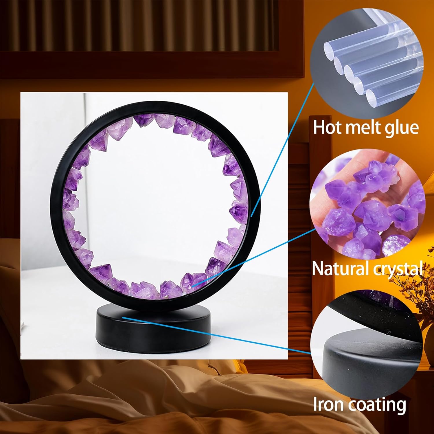 Amethyst Crystal Table Lamp - Natural Healing Night Light with USB Port & 3 Color Modes - Perfect for Bedroom, Office & Home Decor - Relaxation Gift FJORD