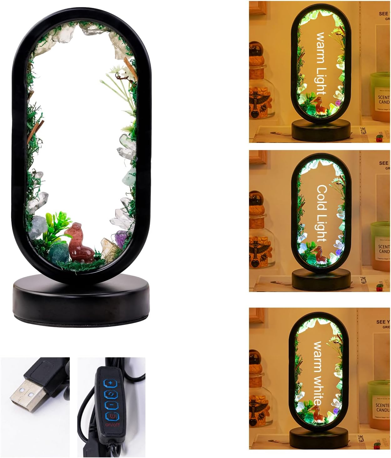 Amethyst Crystal Table Lamp - Natural Healing Night Light with USB Port & 3 Color Modes - Perfect for Bedroom, Office & Home Decor - Relaxation Gift FJORD