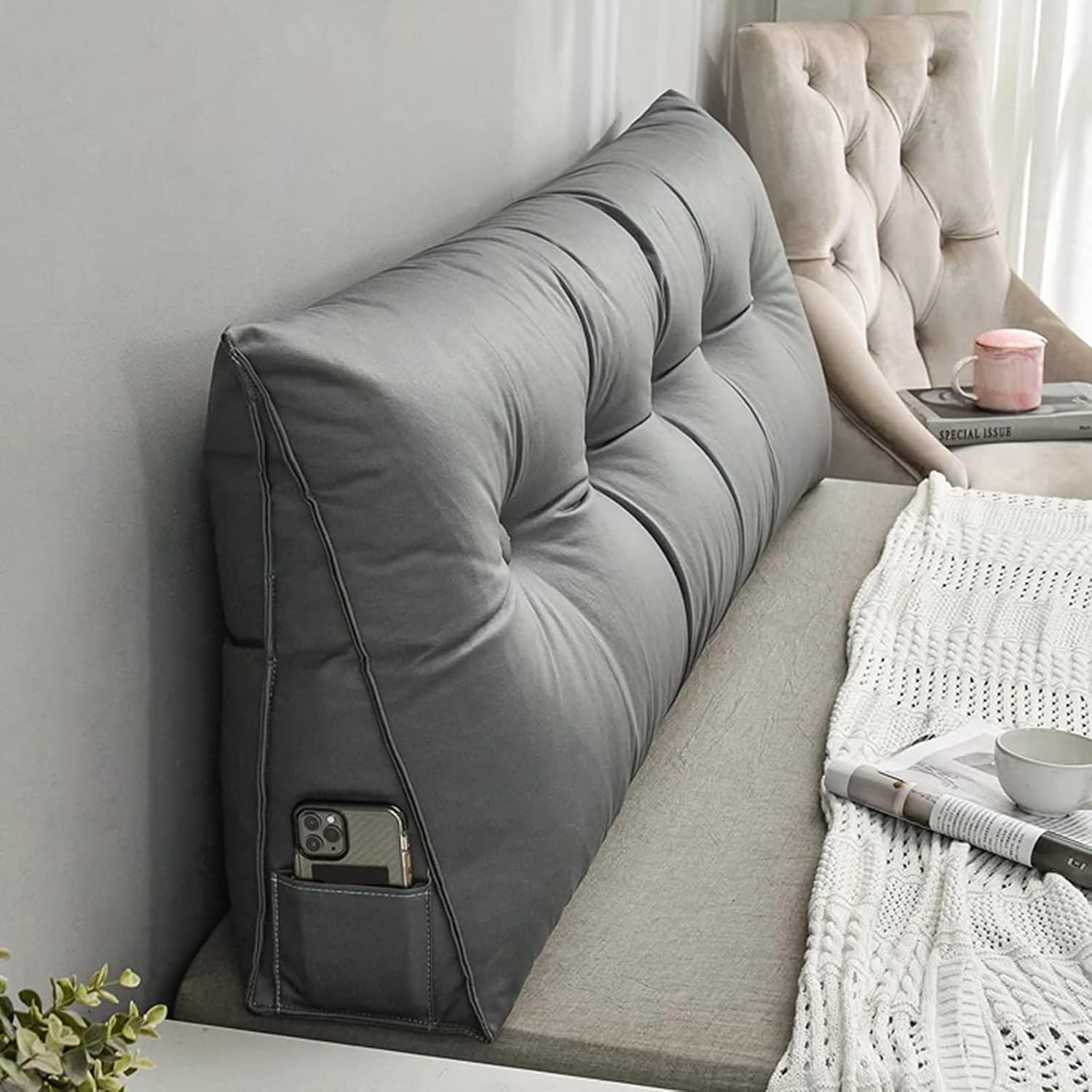 Breathable Triangular Wedge Pillow with Side Pockets - Ergonomic Backrest & Headboard Cushion for Sofa, Bed, or Reading FJORD