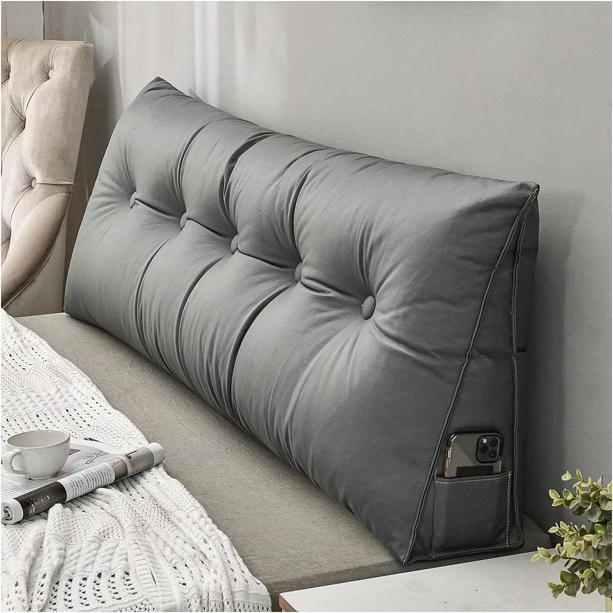 Breathable Triangular Wedge Pillow with Side Pockets - Ergonomic Backrest & Headboard Cushion for Sofa, Bed, or Reading FJORD