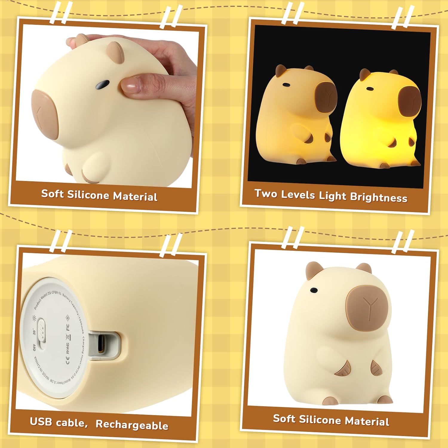 USB Rechargeable Soft Silicone Capybara Night Light | Touch Control, Portable, Adjustable Eye Care Lamp for Bedroom & Desk Decor FJORD