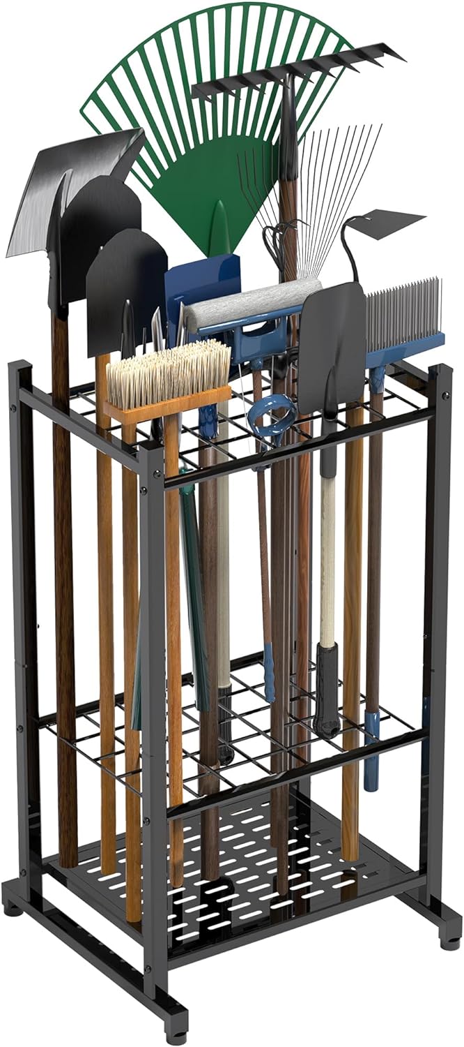 Heavy Duty Mop and Broom Holder, Wall Mount Tool Rack with 4 Racks & 5 Hooks, Stainless Steel Storage Organizer for Home, Kitchen, Garage, Laundry, Garden FJORD