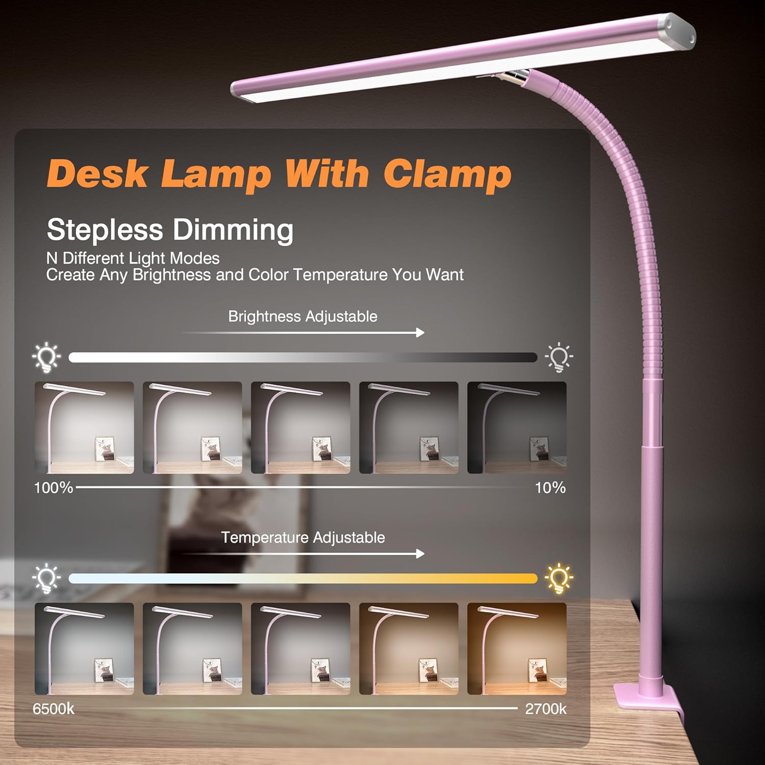 LED Desk Lamp with Clamp, 3 Color Modes & Stepless Dimming, Adjustable Flexible Gooseneck, Eye-Caring USB Lamp for Reading, Study, Work, Home Office FJORD