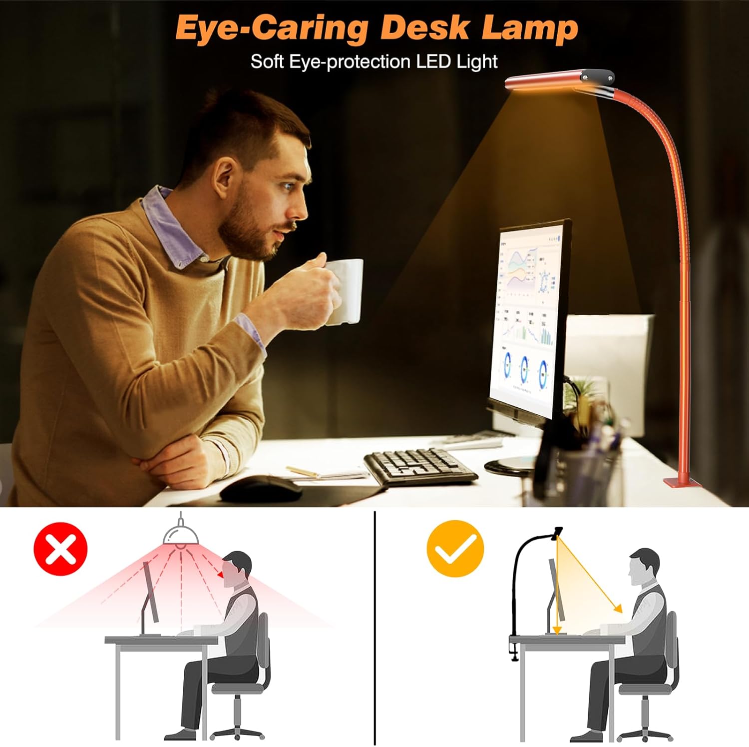 LED Desk Lamp with Clamp, 3 Color Modes & Stepless Dimming, Adjustable Flexible Gooseneck, Eye-Caring USB Lamp for Reading, Study, Work, Home Office FJORD