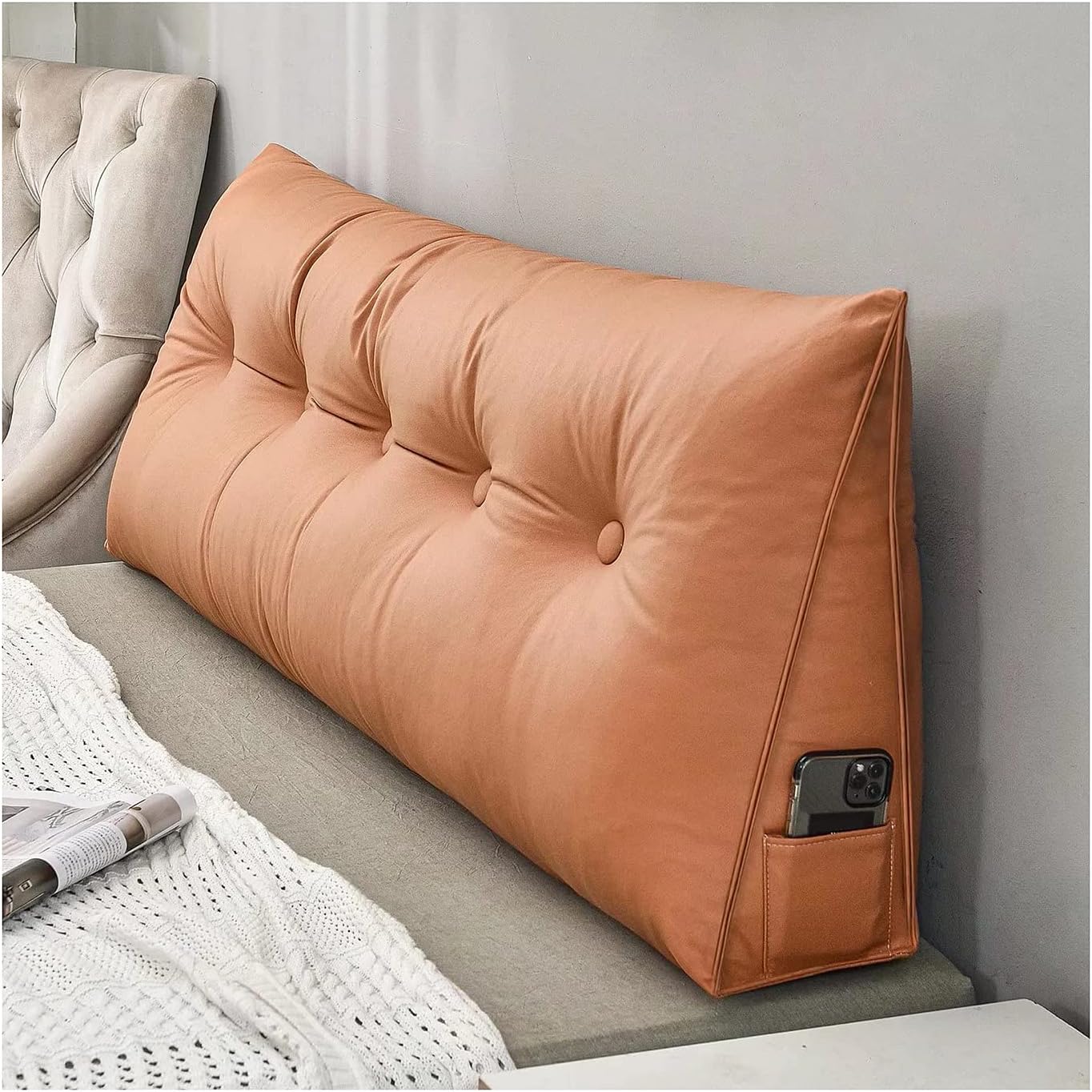 Breathable Triangular Wedge Pillow with Side Pockets - Ergonomic Backrest & Headboard Cushion for Sofa, Bed, or Reading FJORD