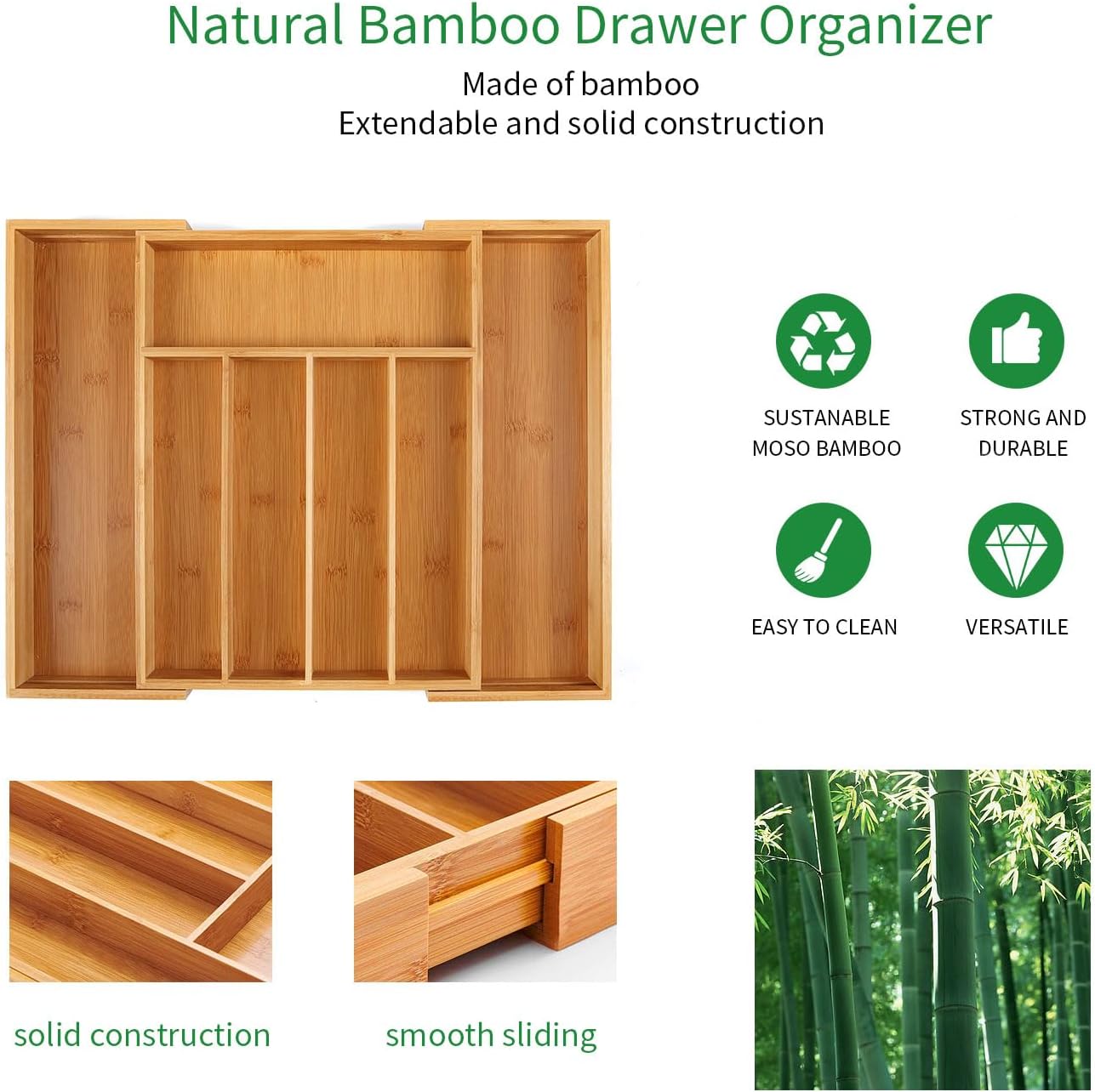 Adjustable Bamboo Drawer Organizer – Expandable Dividers for Kitchen, Office, and Bedroom – Versatile Silverware & Cutlery Storage Solution FJORD