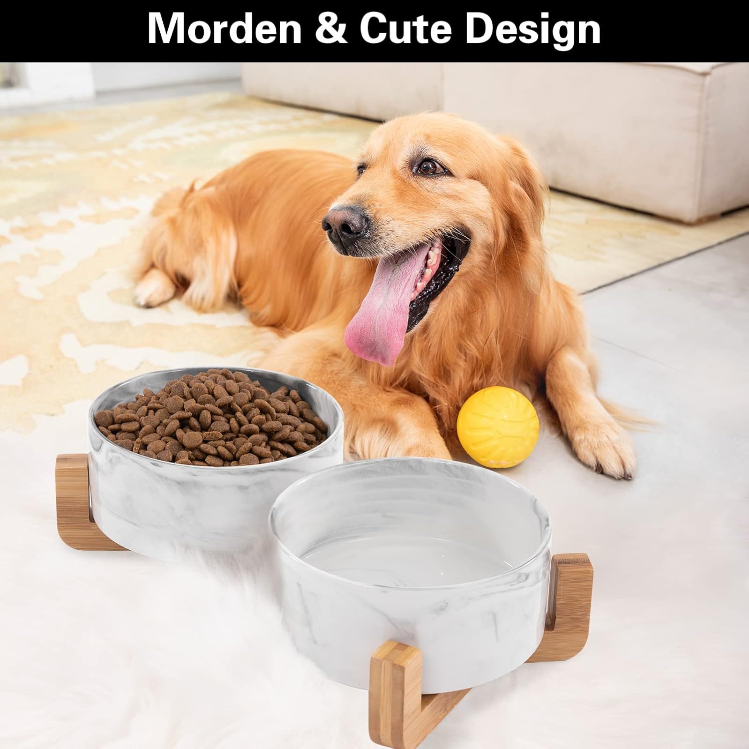 Ceramic Dog Bowls with Wooden Stand | 3 1/2 Cups | Set of 2 FJORD