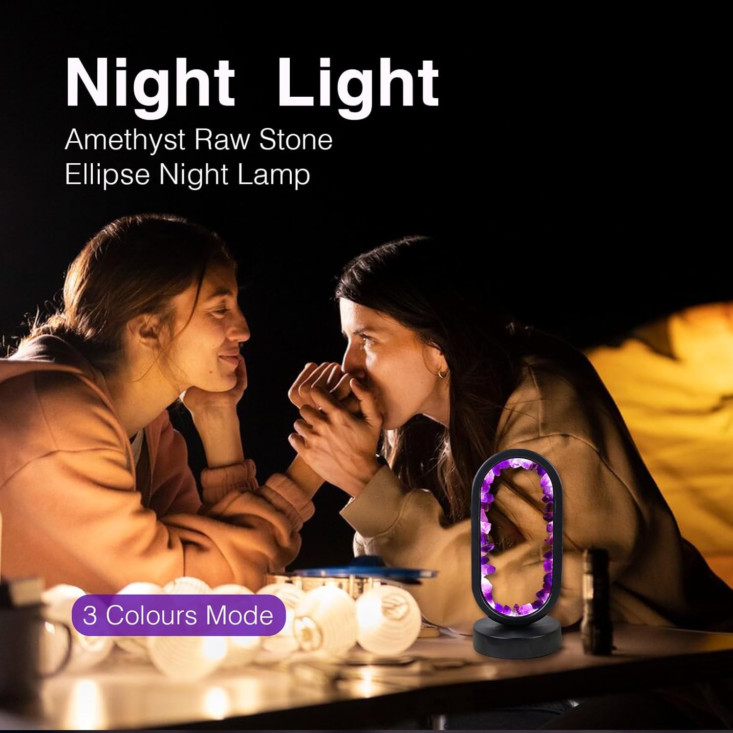 Amethyst Crystal Table Lamp - Natural Healing Night Light with USB Port & 3 Color Modes - Perfect for Bedroom, Office & Home Decor - Relaxation Gift FJORD