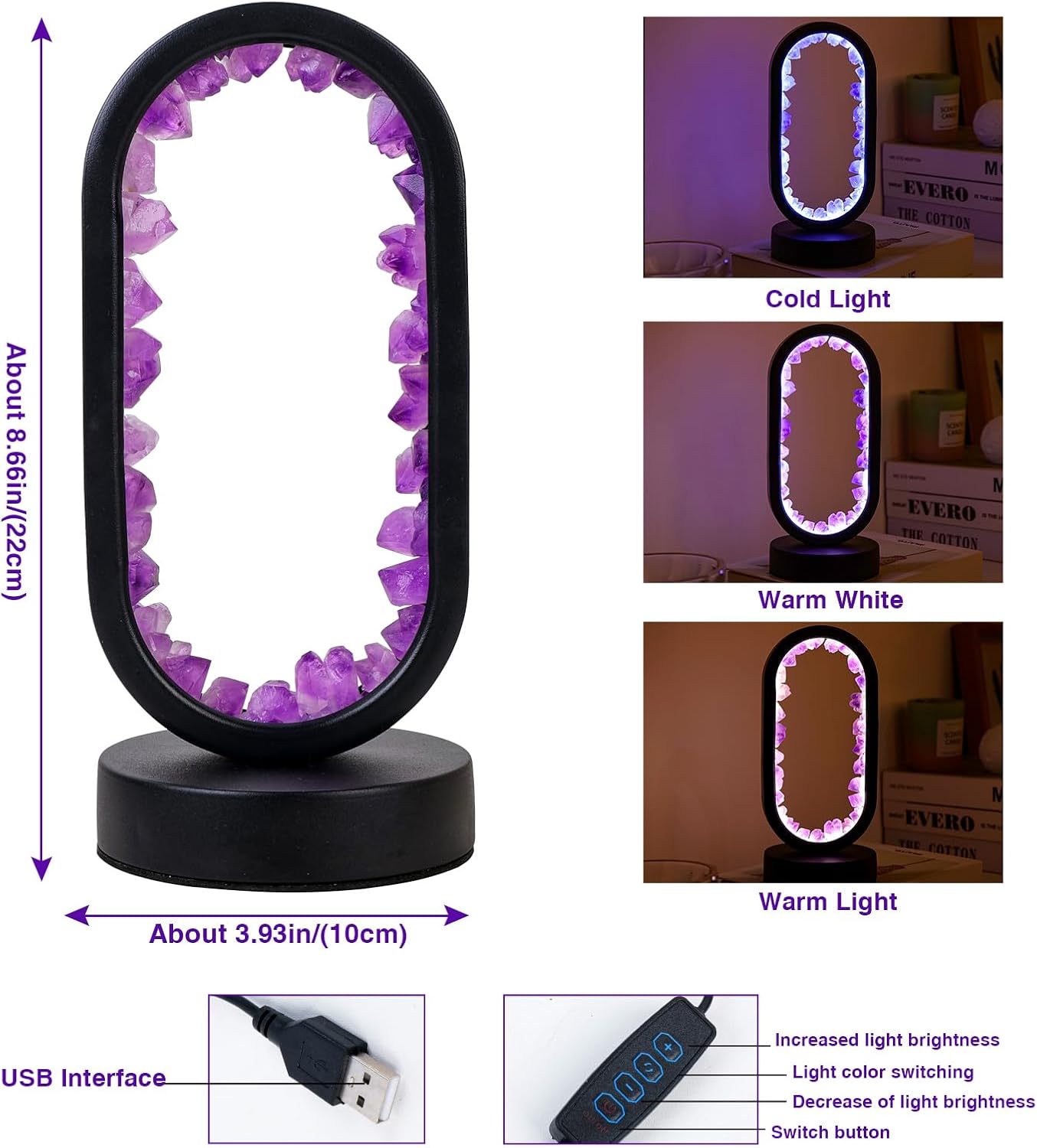 Amethyst Crystal Table Lamp - Natural Healing Night Light with USB Port & 3 Color Modes - Perfect for Bedroom, Office & Home Decor - Relaxation Gift FJORD
