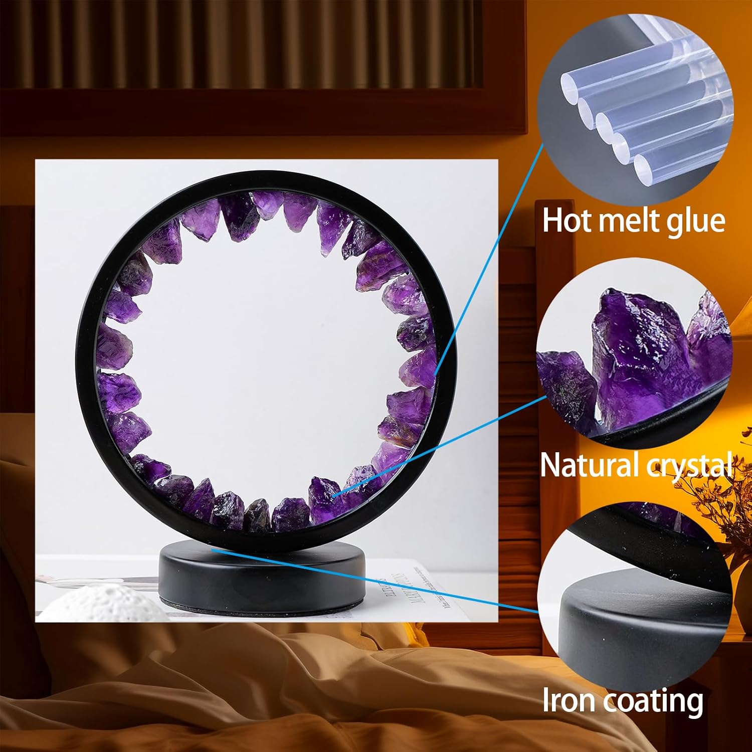 Amethyst Crystal Table Lamp - Natural Healing Night Light with USB Port & 3 Color Modes - Perfect for Bedroom, Office & Home Decor - Relaxation Gift FJORD