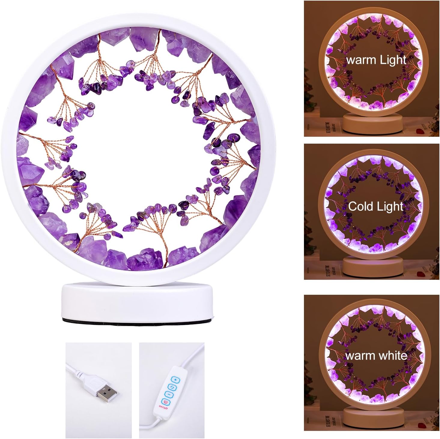 Amethyst Crystal Table Lamp - Natural Healing Night Light with USB Port & 3 Color Modes - Perfect for Bedroom, Office & Home Decor - Relaxation Gift FJORD