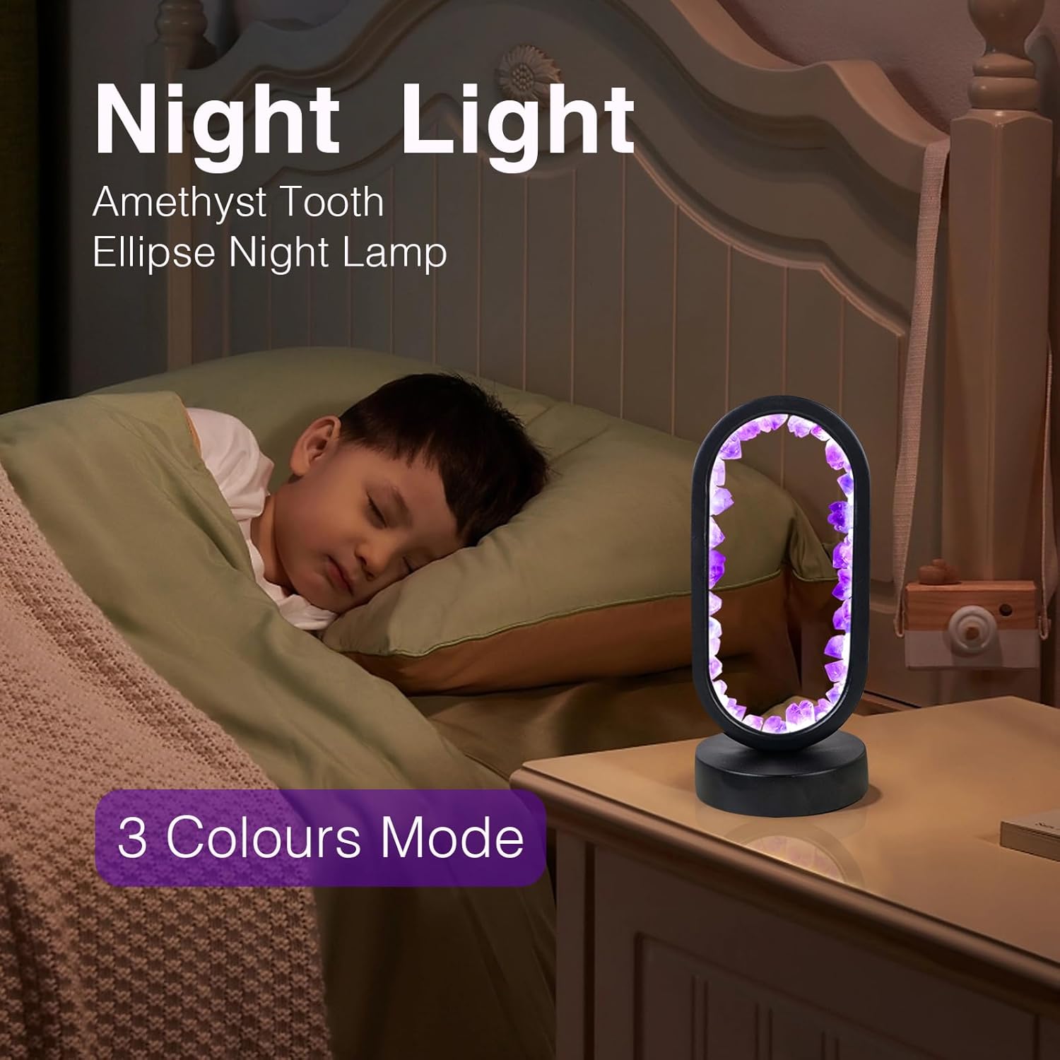 Amethyst Crystal Table Lamp - Natural Healing Night Light with USB Port & 3 Color Modes - Perfect for Bedroom, Office & Home Decor - Relaxation Gift FJORD