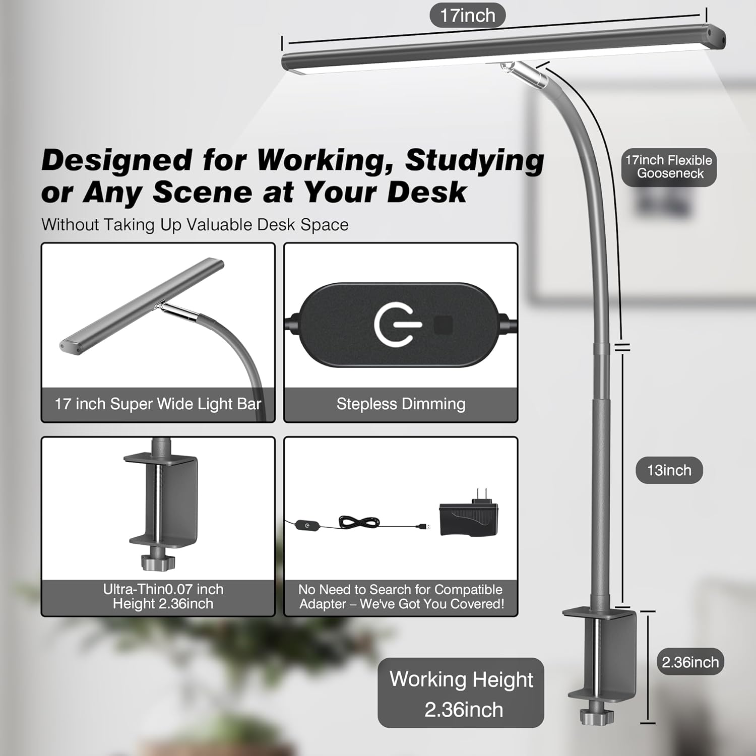 LED Desk Lamp with Clamp, 3 Color Modes & Stepless Dimming, Adjustable Flexible Gooseneck, Eye-Caring USB Lamp for Reading, Study, Work, Home Office FJORD