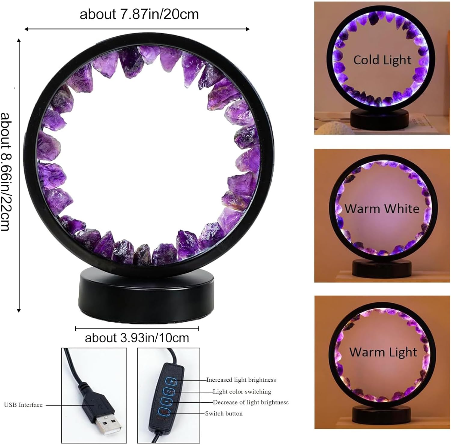 Amethyst Crystal Table Lamp - Natural Healing Night Light with USB Port & 3 Color Modes - Perfect for Bedroom, Office & Home Decor - Relaxation Gift FJORD