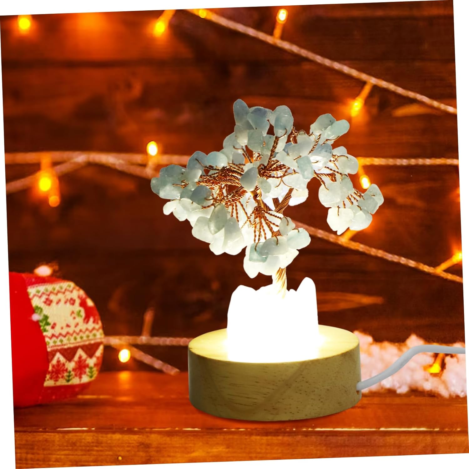 Crystal Tree Night Light – Feng Shui Prosperity Lamp with USB Port, Natural Gemstone Base, Clear Quartz Chakra Tree, Bedroom & Desk Decor FJORD