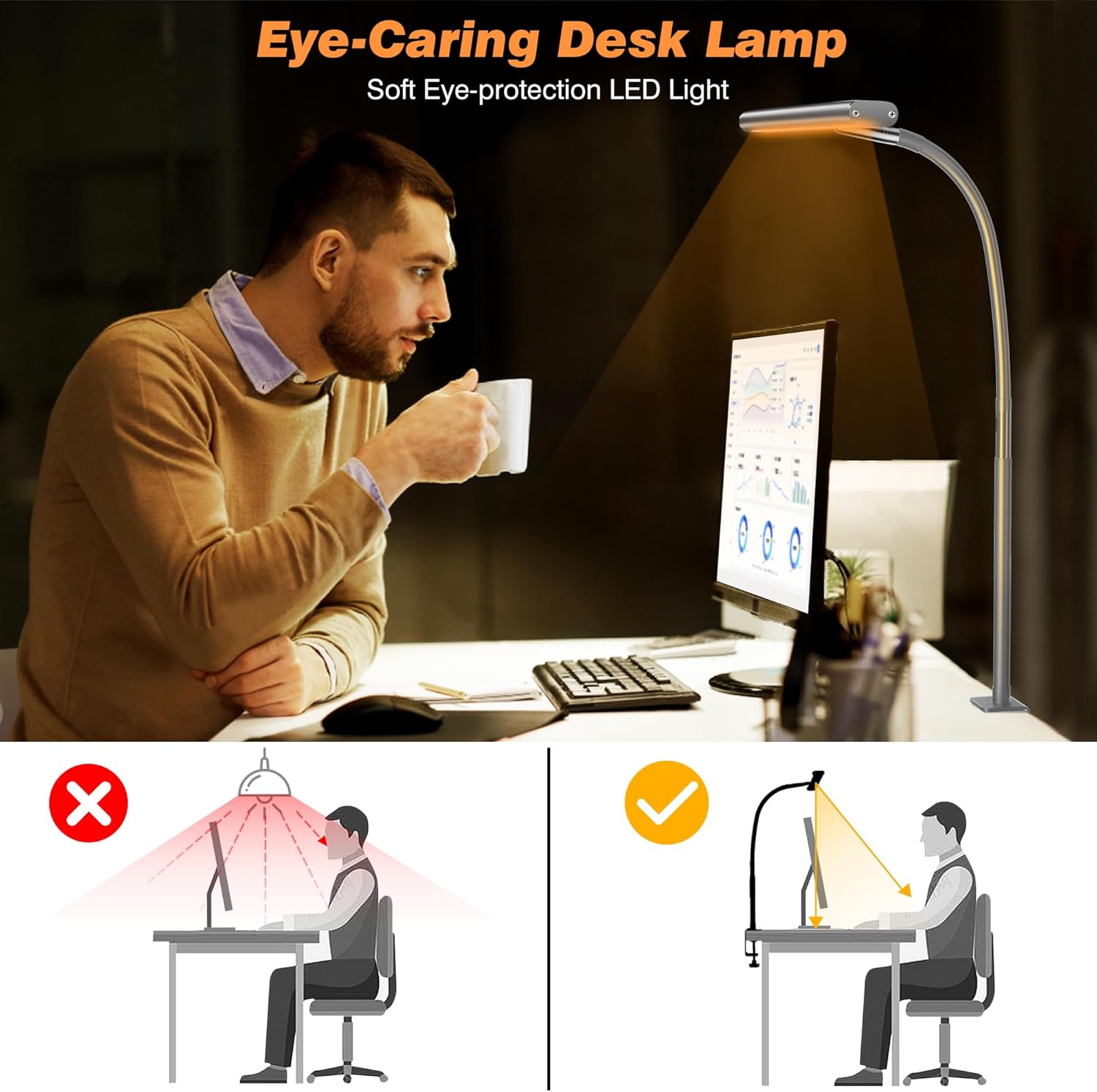 LED Desk Lamp with Clamp, 3 Color Modes & Stepless Dimming, Adjustable Flexible Gooseneck, Eye-Caring USB Lamp for Reading, Study, Work, Home Office FJORD
