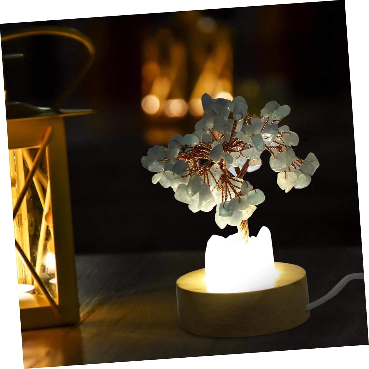 Crystal Tree Night Light – Feng Shui Prosperity Lamp with USB Port, Natural Gemstone Base, Clear Quartz Chakra Tree, Bedroom & Desk Decor FJORD